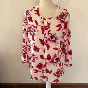 c & e white pink floral long sleeve button front blouse Size S
